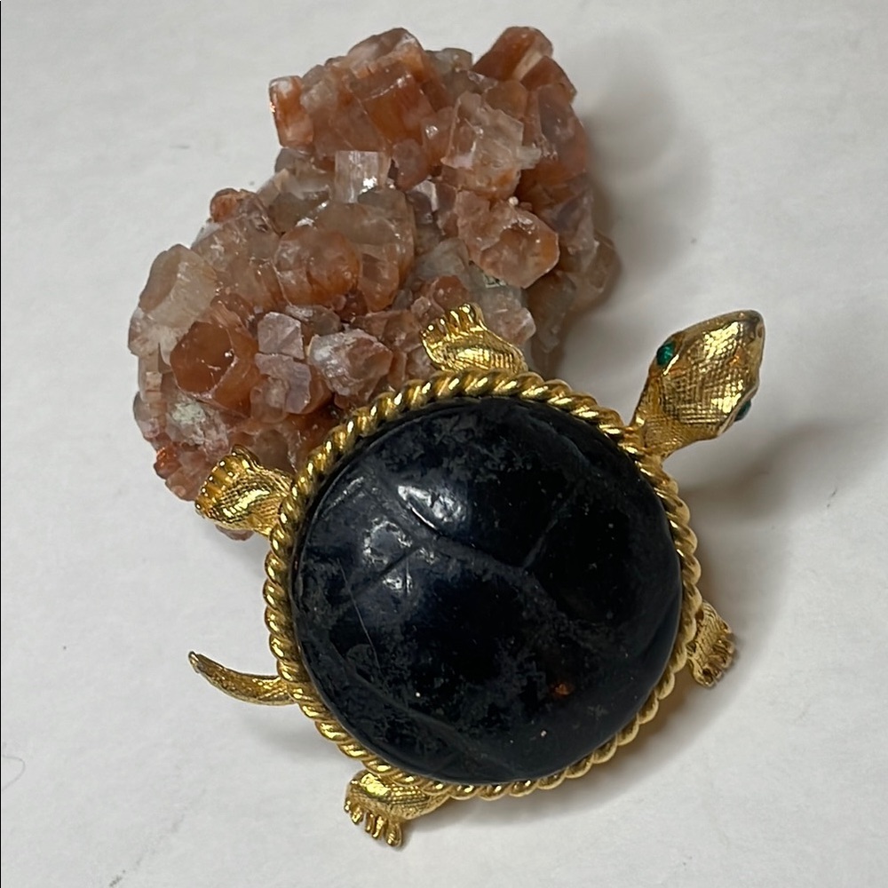 Vintage Polly Bergen Textured Leather GoldTone Turtle Brooch Pin